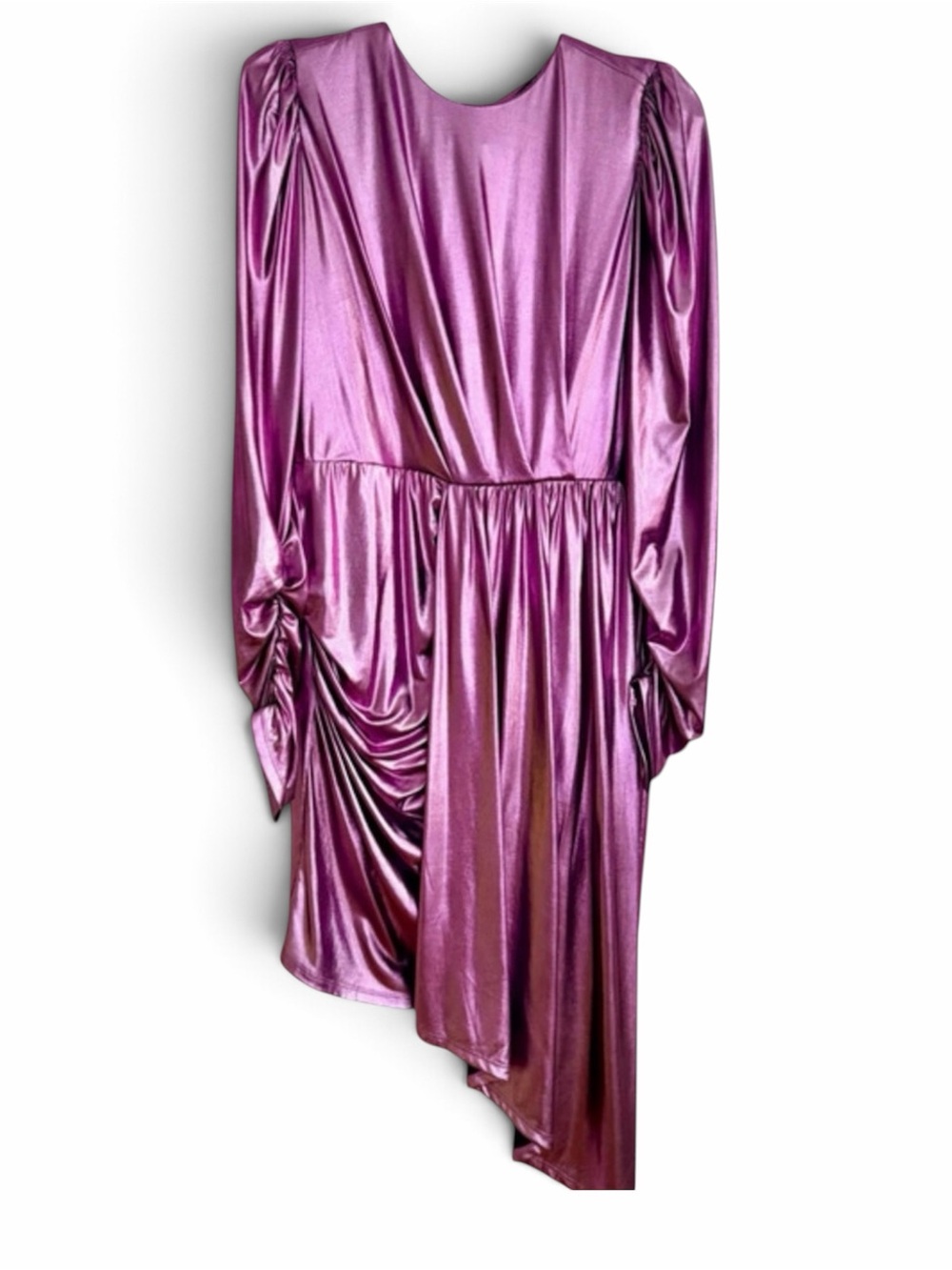 Elliatt Metallic Magenta Asymmetric Open Back Ruched Mini Dress w/ Bow | Size L
